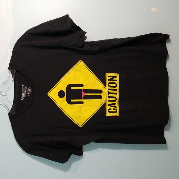 Bluenotes black short sleeve shirt with caution graphic, 100% cotton GUC large - Picture 1 of 8
